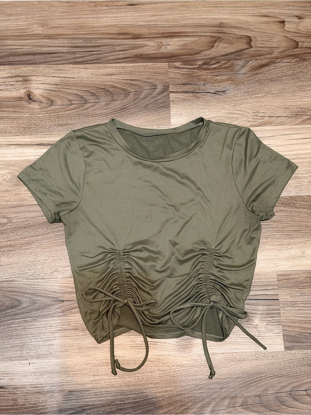 Olive Drawstring Ruched Crop Top - Women